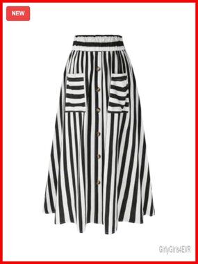 Plus Size Striped High Waist A-Line Maxi Skirt with Pockets Button Front
